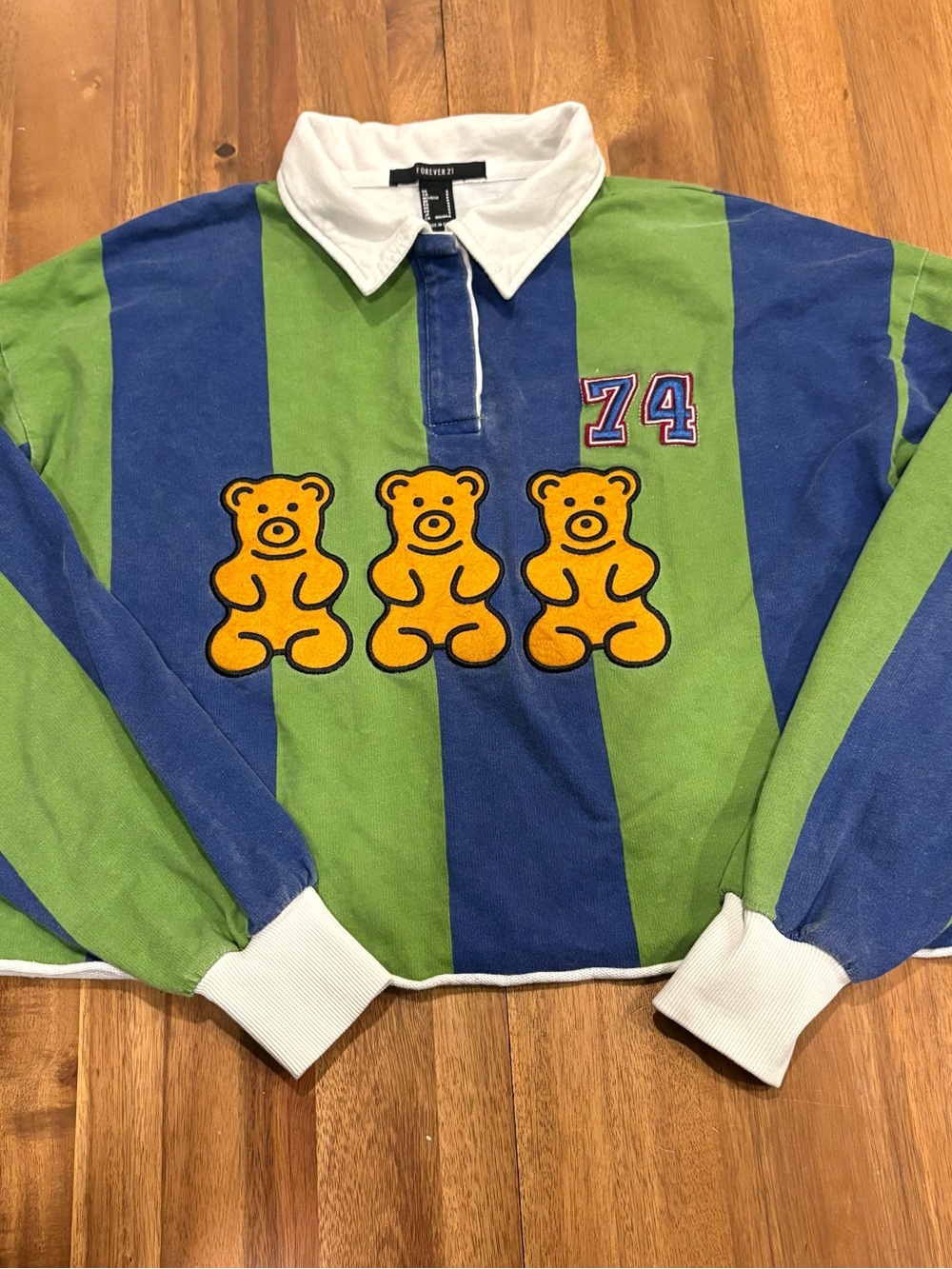 Teddy Bear Striped Rugby Crop Sweatshirt Green Blue Small